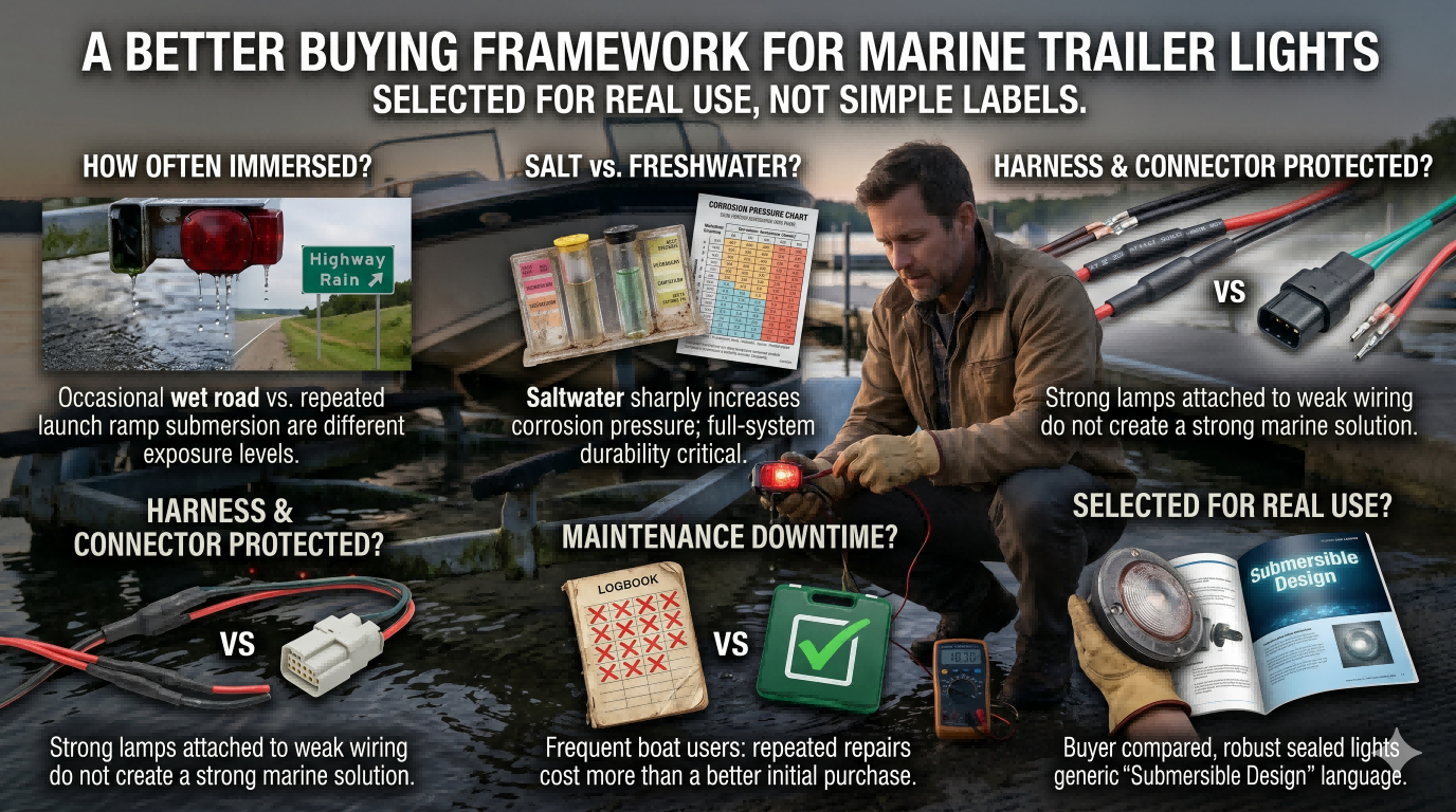 Marine trailer light buying framework covering immersion frequency, saltwater exposure, connector protection, maintenance downtime, and real-use selection